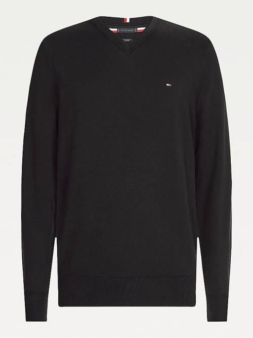 Black Tommy Hilfiger Pima Cotton Cashmere V-Neck Jumper Men's Sweaters | TH203AYB