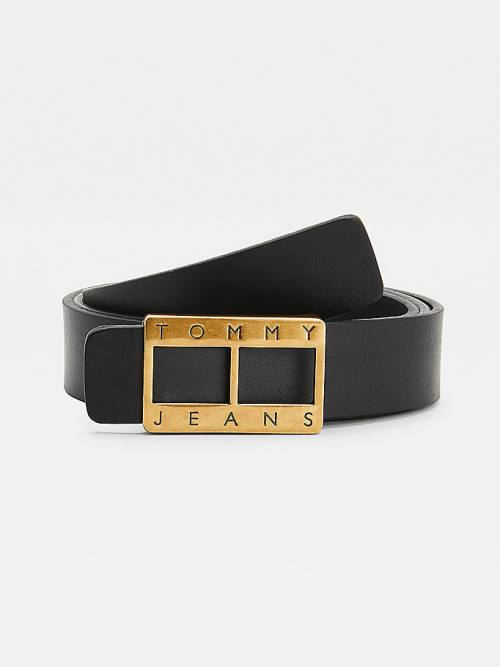 Black Tommy Hilfiger Plaque Buckle Organic Leather Women\'s Belts | TH596NGB