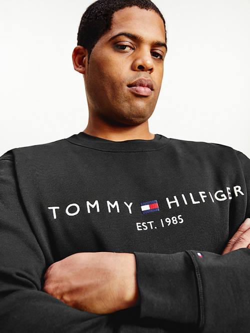 Black Tommy Hilfiger Plus Crew Neck Logo Men's Sweatshirts | TH645VUW