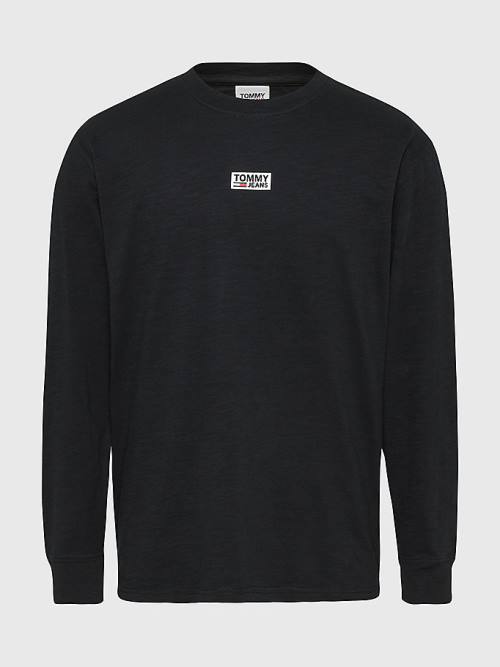 Black Tommy Hilfiger Plus Logo Long Sleeve Men\'s T Shirts | TH610XKV