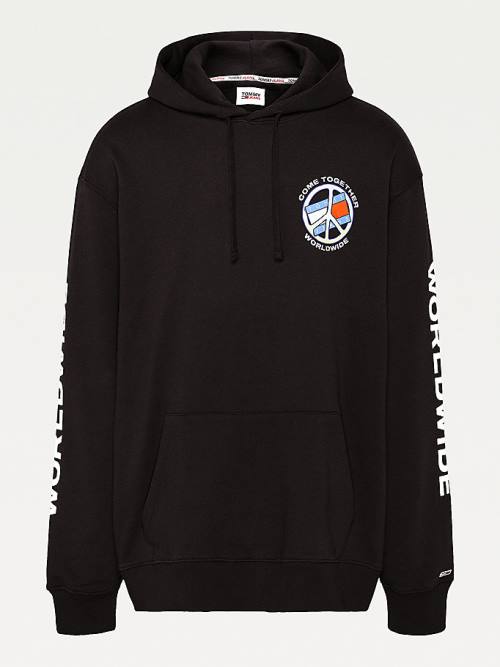 Black Tommy Hilfiger Plus Peace Logo Men's Hoodie | TH827MXA