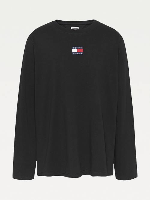 Black Tommy Hilfiger Plus Tommy Badge Long Sleeve Men's T Shirts | TH359EKM