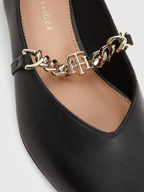 Black Tommy Hilfiger Pointed Toe Chain Leather Women's Ballerina | TH970BZW