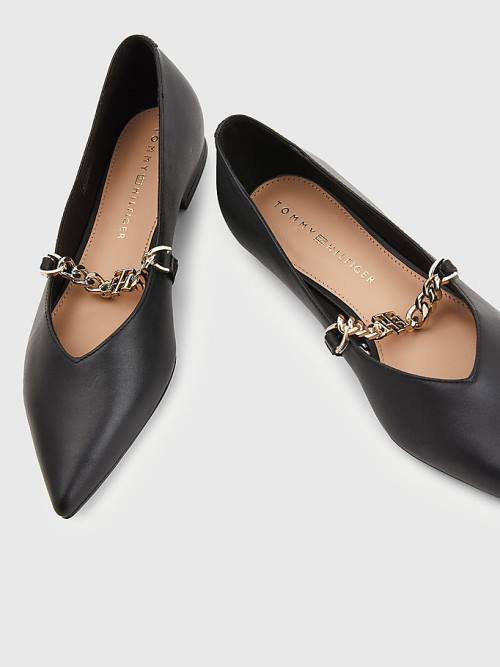 Black Tommy Hilfiger Pointed Toe Chain Leather Women's Ballerina | TH970BZW