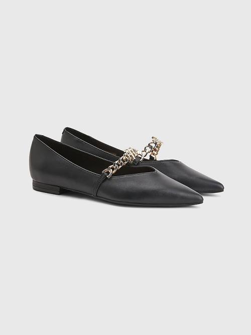 Black Tommy Hilfiger Pointed Toe Chain Leather Women\'s Ballerina | TH970BZW