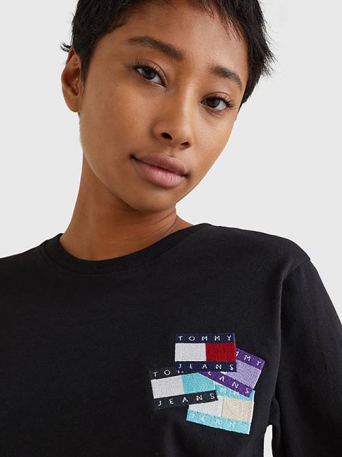 Black Tommy Hilfiger Recycled Long Sleeve Badge Women's T Shirts | TH307TIQ