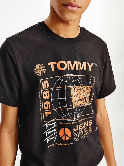 Black Tommy Hilfiger Recycled Reptile Print Flag Men's T Shirts | TH210ELA