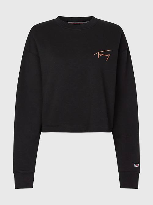 Black Tommy Hilfiger Recycled Signature Logo Cropped Women's Sweatshirts | TH462EVY