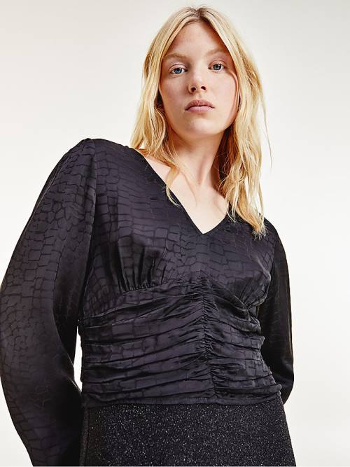 Black Tommy Hilfiger Recycled Viscose Ruched Women's Blouse | TH053VUC