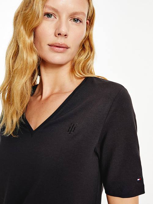 Black Tommy Hilfiger Relaxed Fit V-Neck Monogram Women's T Shirts | TH093RZQ