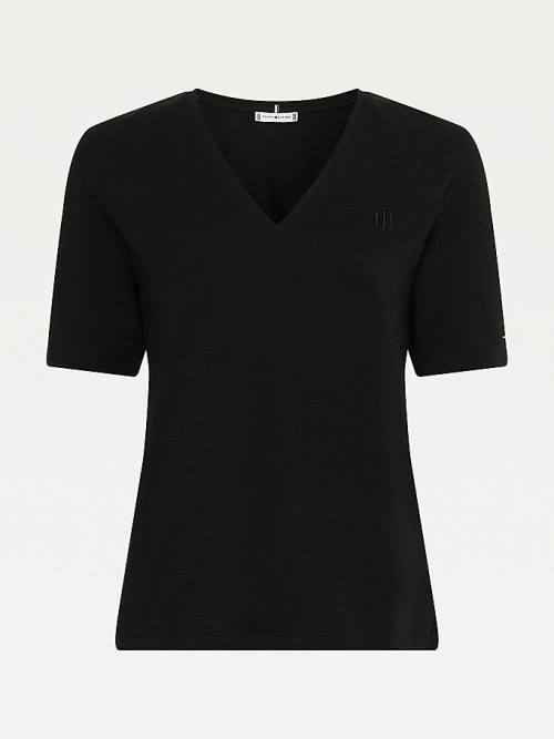 Black Tommy Hilfiger Relaxed Fit V-Neck Monogram Women's T Shirts | TH093RZQ