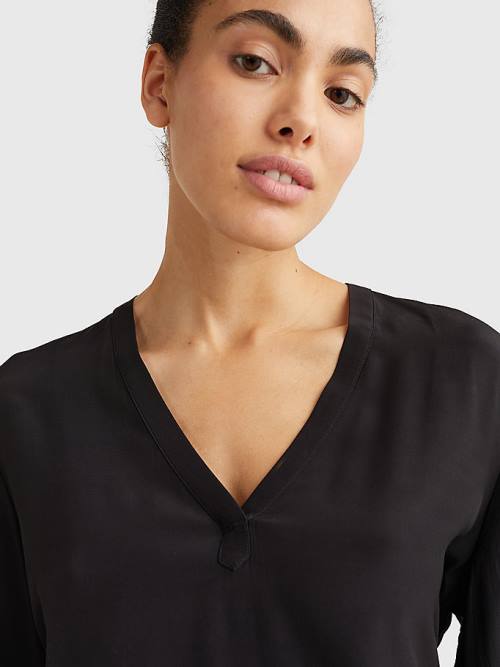 Black Tommy Hilfiger Relaxed Fit V-Neck Women's Blouse | TH392ECR