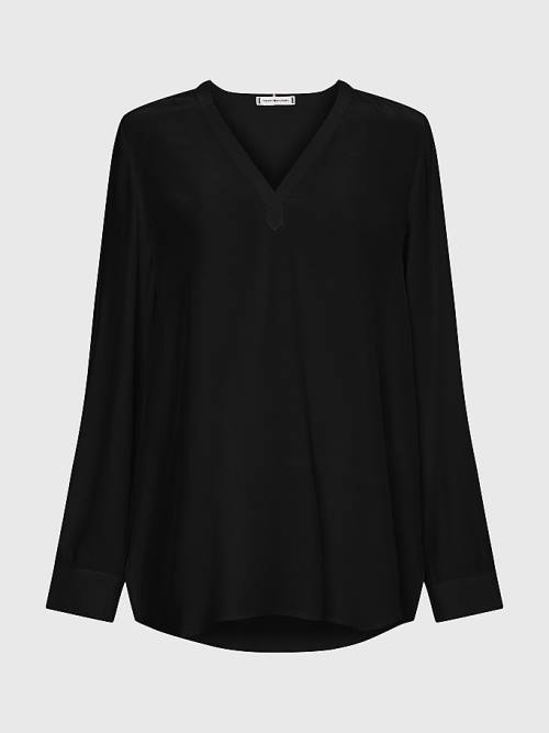 Black Tommy Hilfiger Relaxed Fit V-Neck Women's Blouse | TH392ECR