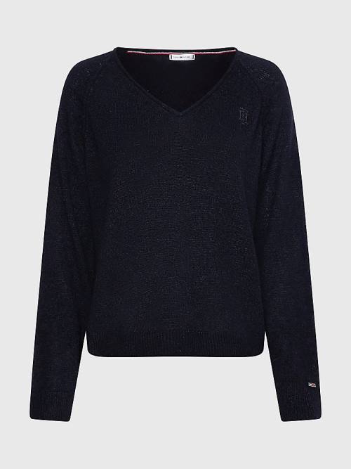 Black Tommy Hilfiger Relaxed Fit V-Neck Jumper Women's Sweaters | TH649XOV