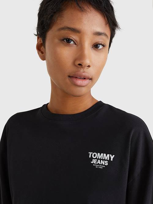 Black Tommy Hilfiger Relaxed Logo Tape Long Sleeve Women's T Shirts | TH815RXH