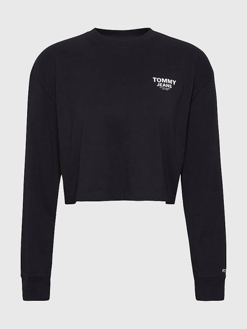 Black Tommy Hilfiger Relaxed Logo Tape Long Sleeve Women's T Shirts | TH815RXH