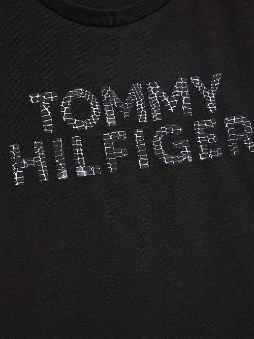 Black Tommy Hilfiger Reptile Print Logo Recycled Girls' T Shirts | TH392CYP