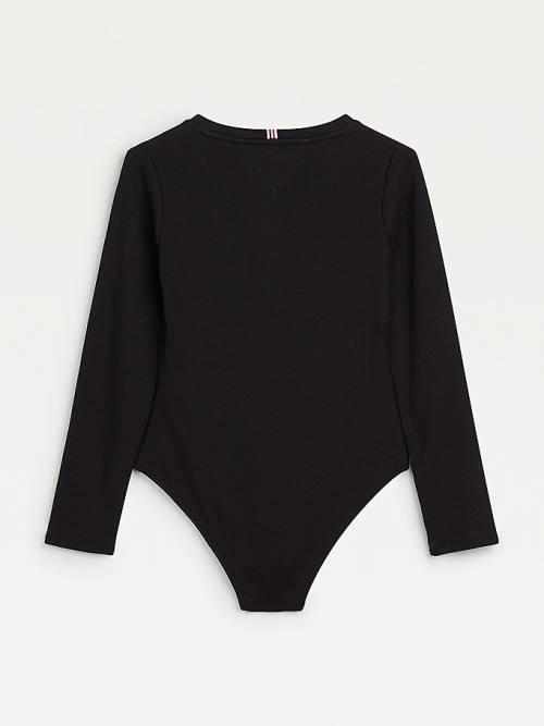 Black Tommy Hilfiger Rib Knit Henley Long Sleeve Girls' T Shirts | TH764YAN