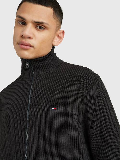 Black Tommy Hilfiger Ribbed Zip-Thru Relaxed Fit Jumper Men's Sweaters | TH873AVZ