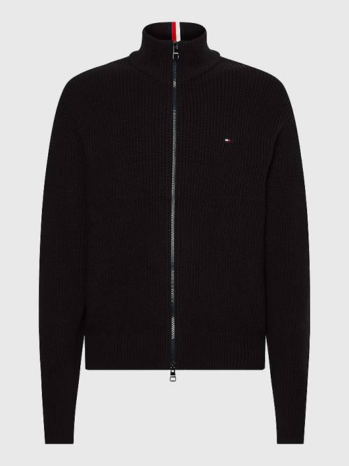 Black Tommy Hilfiger Ribbed Zip-Thru Relaxed Fit Jumper Men's Sweaters | TH873AVZ