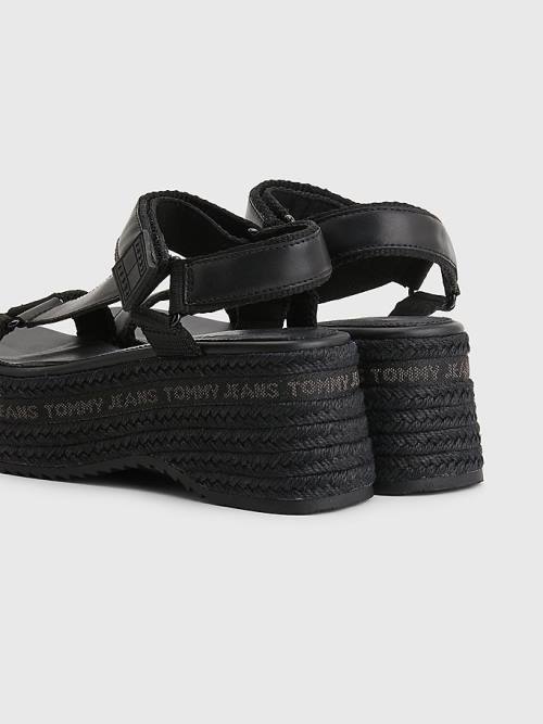 Black Tommy Hilfiger Rope Wedge Heel Leather Women's Sandals | TH652RGH