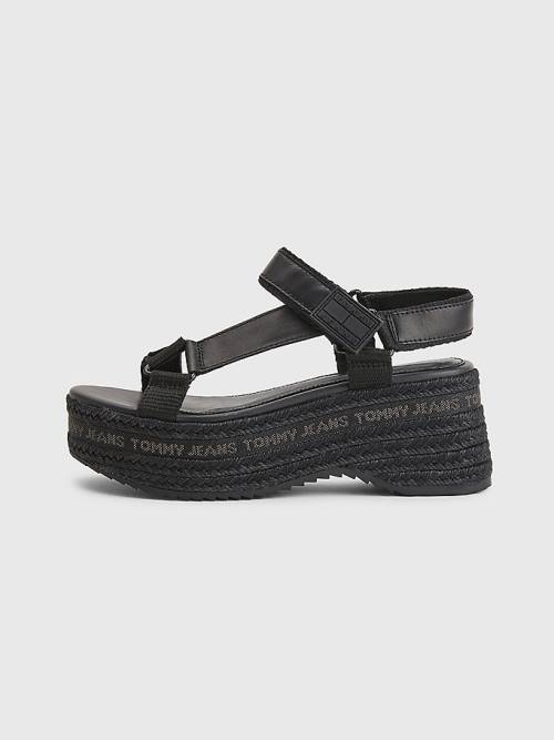 Black Tommy Hilfiger Rope Wedge Heel Leather Women's Sandals | TH652RGH