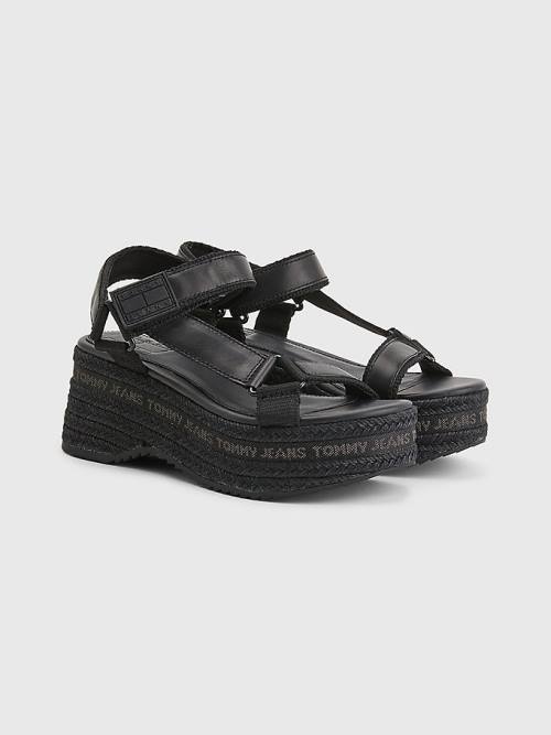 Black Tommy Hilfiger Rope Wedge Heel Leather Women\'s Sandals | TH652RGH