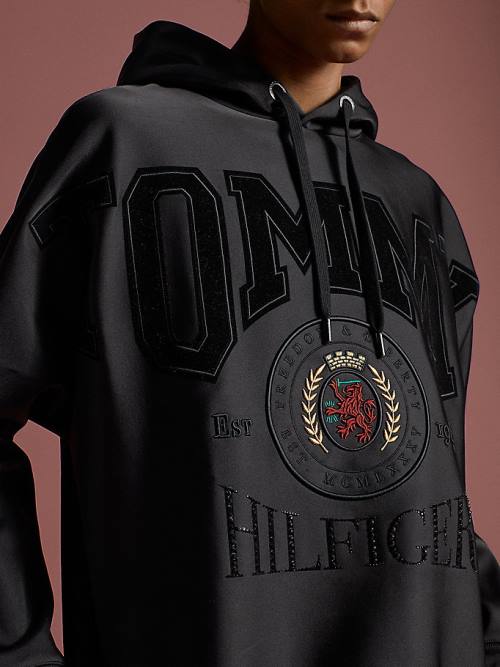 Black Tommy Hilfiger Satin Gem Crest Men's Hoodie | TH439FRC