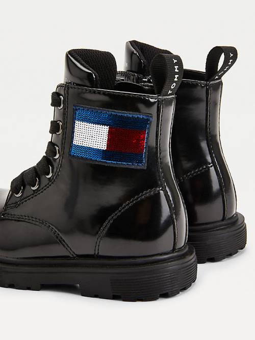 Black Tommy Hilfiger Sequin Flag Patent Lace-Up Girls' Boots | TH680XKG