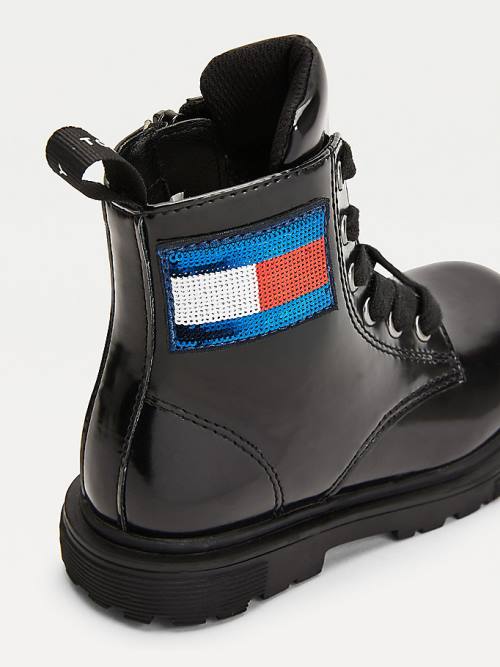 Black Tommy Hilfiger Sequin Flag Patent Lace-Up Girls' Boots | TH680XKG