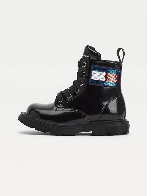 Black Tommy Hilfiger Sequin Flag Patent Lace-Up Girls' Boots | TH680XKG