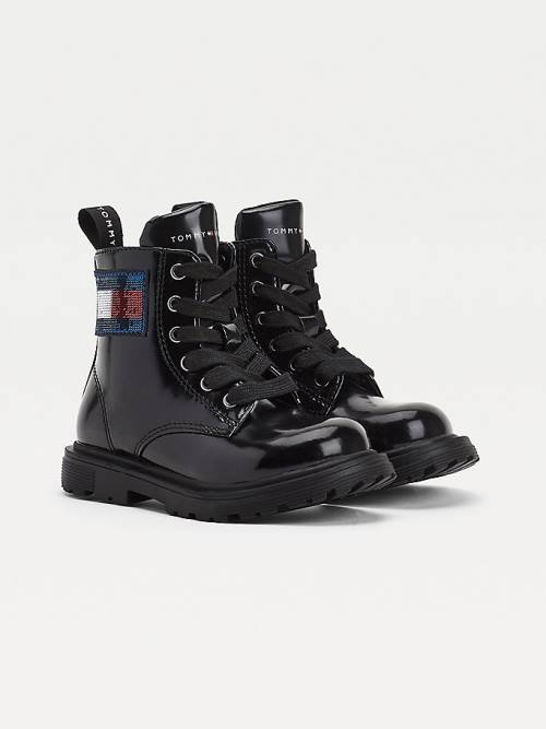 Black Tommy Hilfiger Sequin Flag Patent Lace-Up Girls\' Boots | TH680XKG