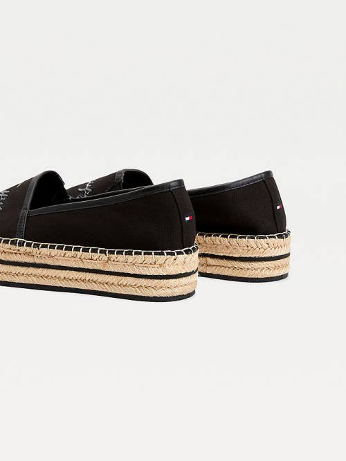 Black Tommy Hilfiger Sequin Signature Flatform Espadrilles Women's Loafers | TH046OLA