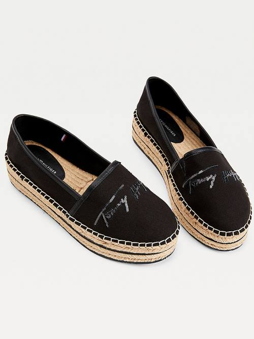 Black Tommy Hilfiger Sequin Signature Flatform Espadrilles Women's Loafers | TH046OLA