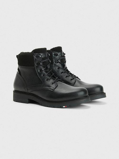 Black Tommy Hilfiger Signature Leather Cleat Men\'s Boots | TH593WUM