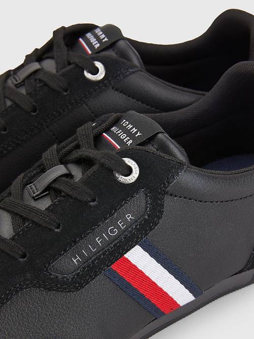 Black Tommy Hilfiger Signature Leather Mix Cupsole Men's Sneakers | TH894MKV