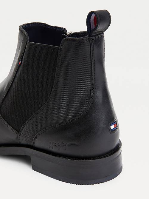 Black Tommy Hilfiger Signature Leather Zip-Up Chelsea Men's Boots | TH804ZUI