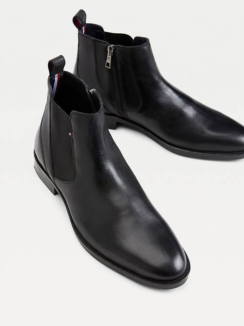 Black Tommy Hilfiger Signature Leather Zip-Up Chelsea Men's Boots | TH804ZUI