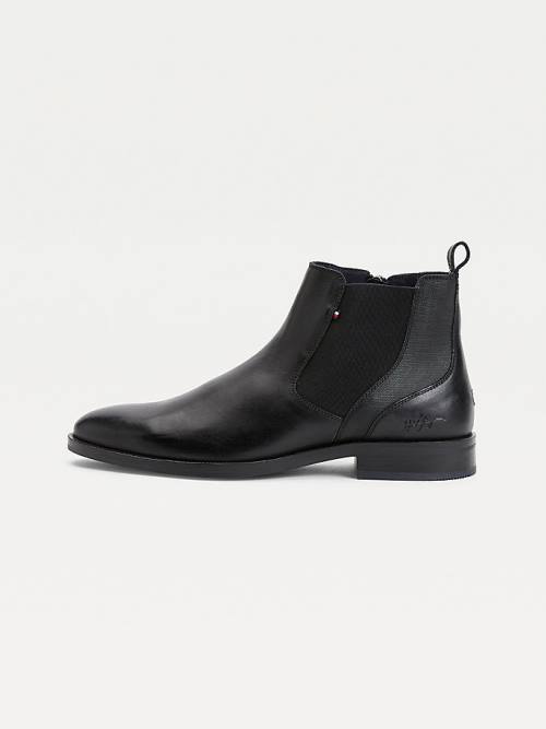 Black Tommy Hilfiger Signature Leather Zip-Up Chelsea Men's Boots | TH804ZUI