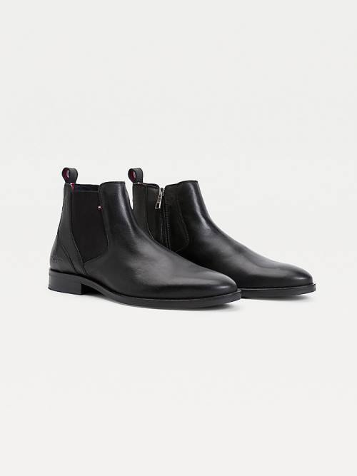 Black Tommy Hilfiger Signature Leather Zip-Up Chelsea Men\'s Boots | TH804ZUI