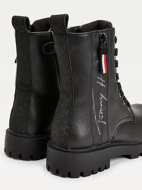 Black Tommy Hilfiger Signature Logo Cleat Lace-Up Girls' Boots | TH961GIV