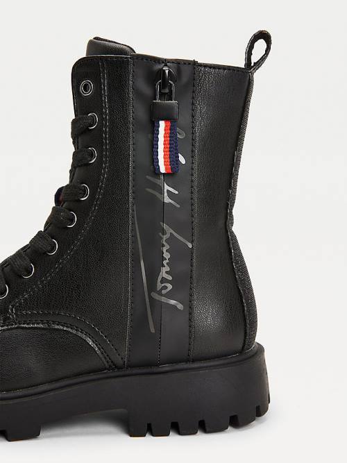 Black Tommy Hilfiger Signature Logo Cleat Lace-Up Girls' Boots | TH961GIV