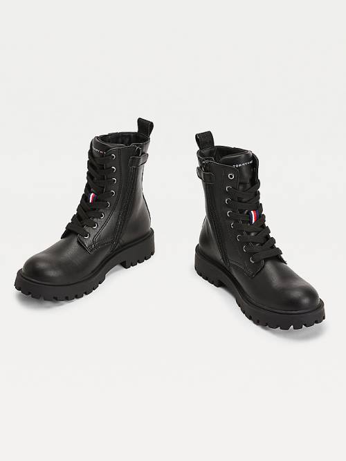 Black Tommy Hilfiger Signature Logo Cleat Lace-Up Girls' Boots | TH961GIV