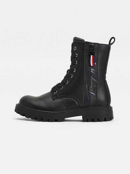 Black Tommy Hilfiger Signature Logo Cleat Lace-Up Girls' Boots | TH961GIV