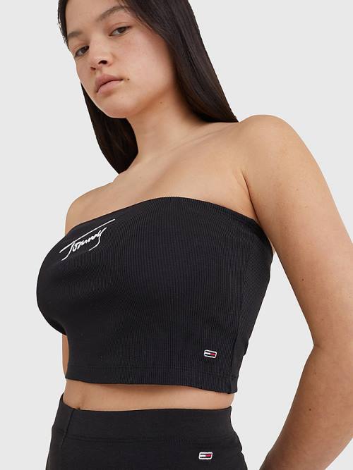 Black Tommy Hilfiger Signature Logo Cropped Tube Top Women's T Shirts | TH397CEP