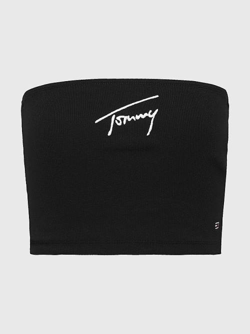 Black Tommy Hilfiger Signature Logo Cropped Tube Top Women's T Shirts | TH397CEP