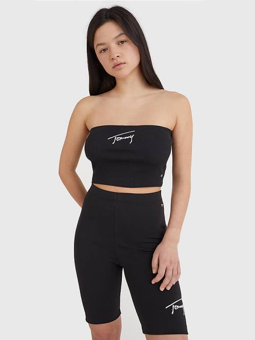 Black Tommy Hilfiger Signature Logo Cropped Tube Top Women\'s T Shirts | TH397CEP