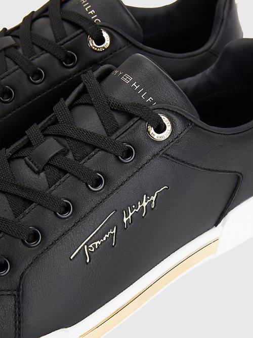 Black Tommy Hilfiger Signature Logo Leather Cupsole Women's Sneakers | TH409WAE