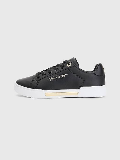 Black Tommy Hilfiger Signature Logo Leather Cupsole Women's Sneakers | TH409WAE