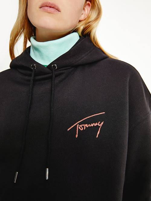 Black Tommy Hilfiger Signature Logo Oversized Women's Hoodie | TH895KSY